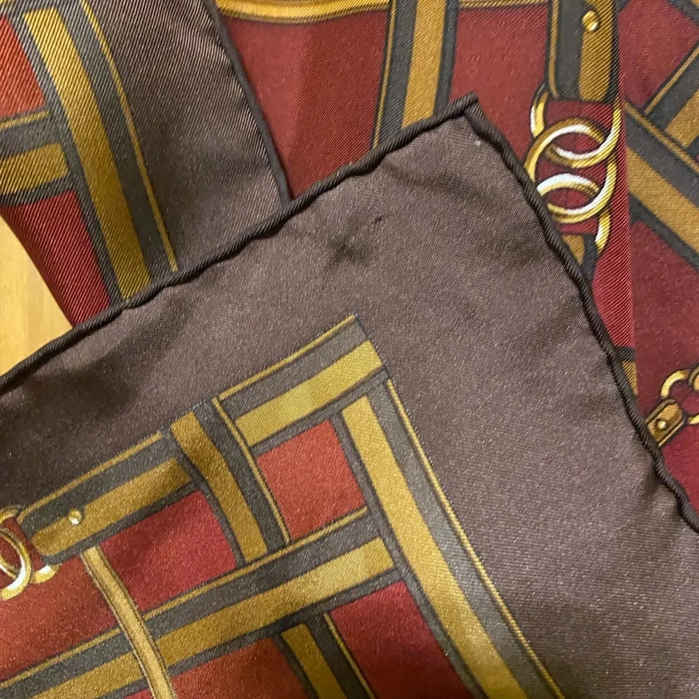 Equestrian Plaid Silk Scarf Brown and Red Hand-Rolled Edges
